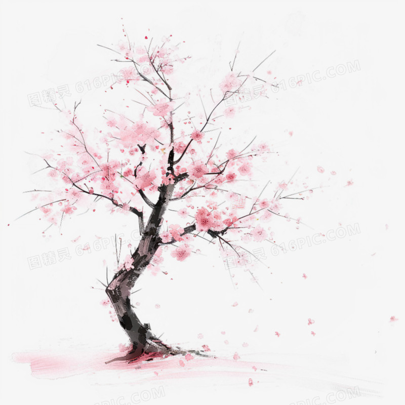 粉色唯美水墨桃花树古风元素