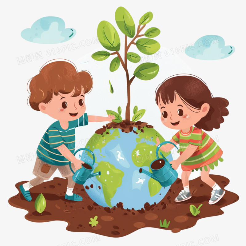 创意小朋友在地球上给树苗浇水插画素材