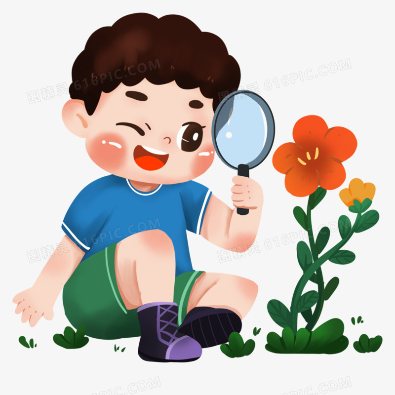 卡通男孩放大镜野外观察花朵素材