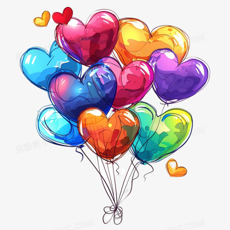 彩色水彩爱心气球