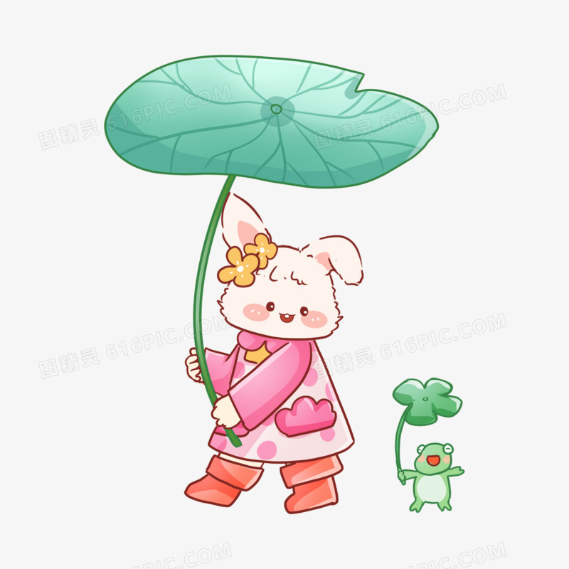 卡通拟人小兔子和小青蛙打伞素材