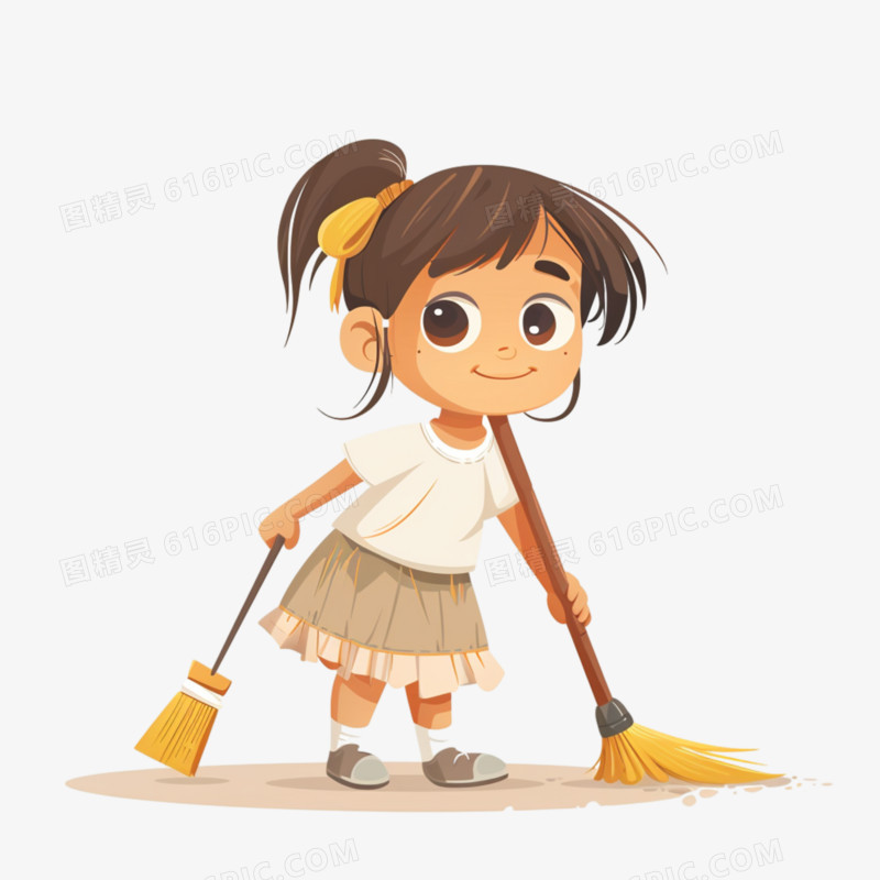 儿童劳动女孩扫地免抠元素