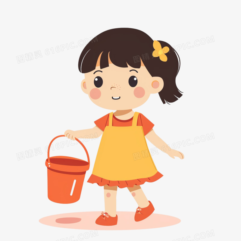 儿童劳动女孩拿水桶免抠元素