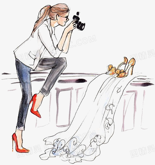 手绘拍高跟鞋的女摄影师