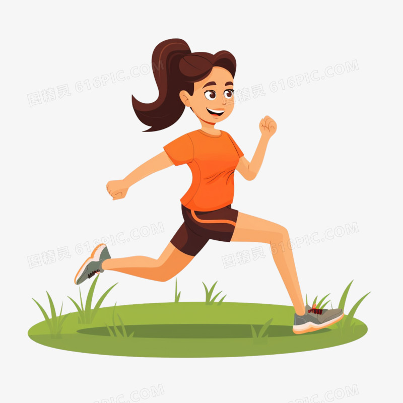 手绘卡通女人运动跑步免抠素材