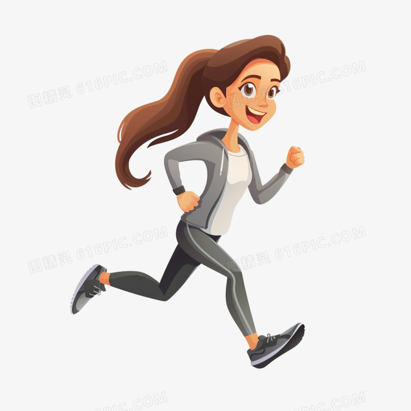 手绘卡通女人运动跑步免抠素材