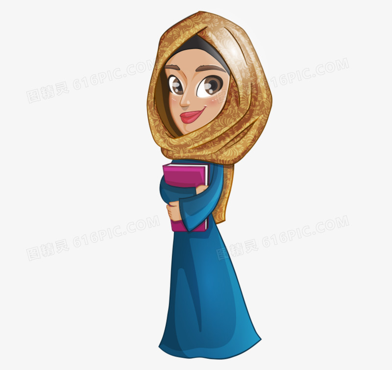 卡通手绘阿拉伯穆斯林女人抱书
