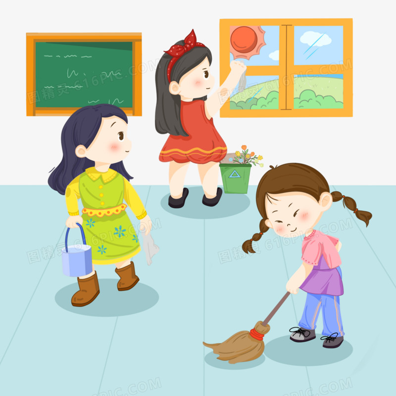 卡通学生一起打扫教室免抠元素