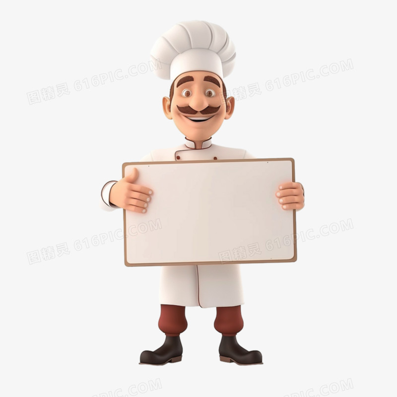 3D厨师举着空白牌子免抠元素