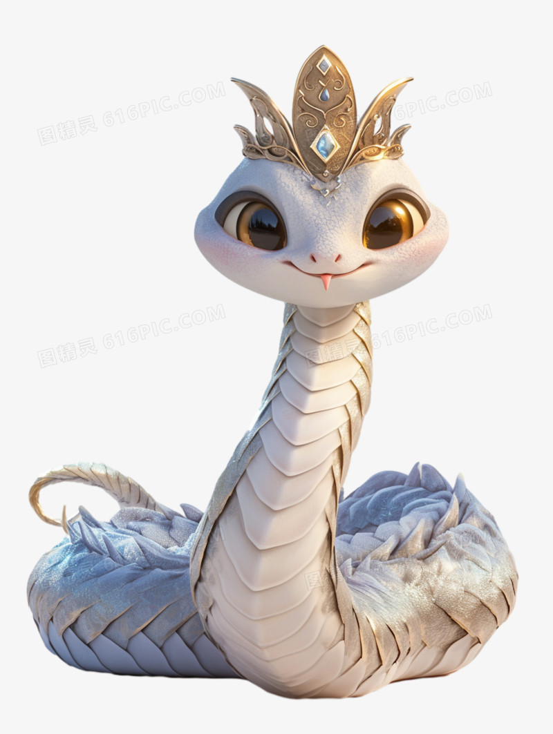 蛇年戴皇冠的可爱蛇卡通形象3D免抠元素