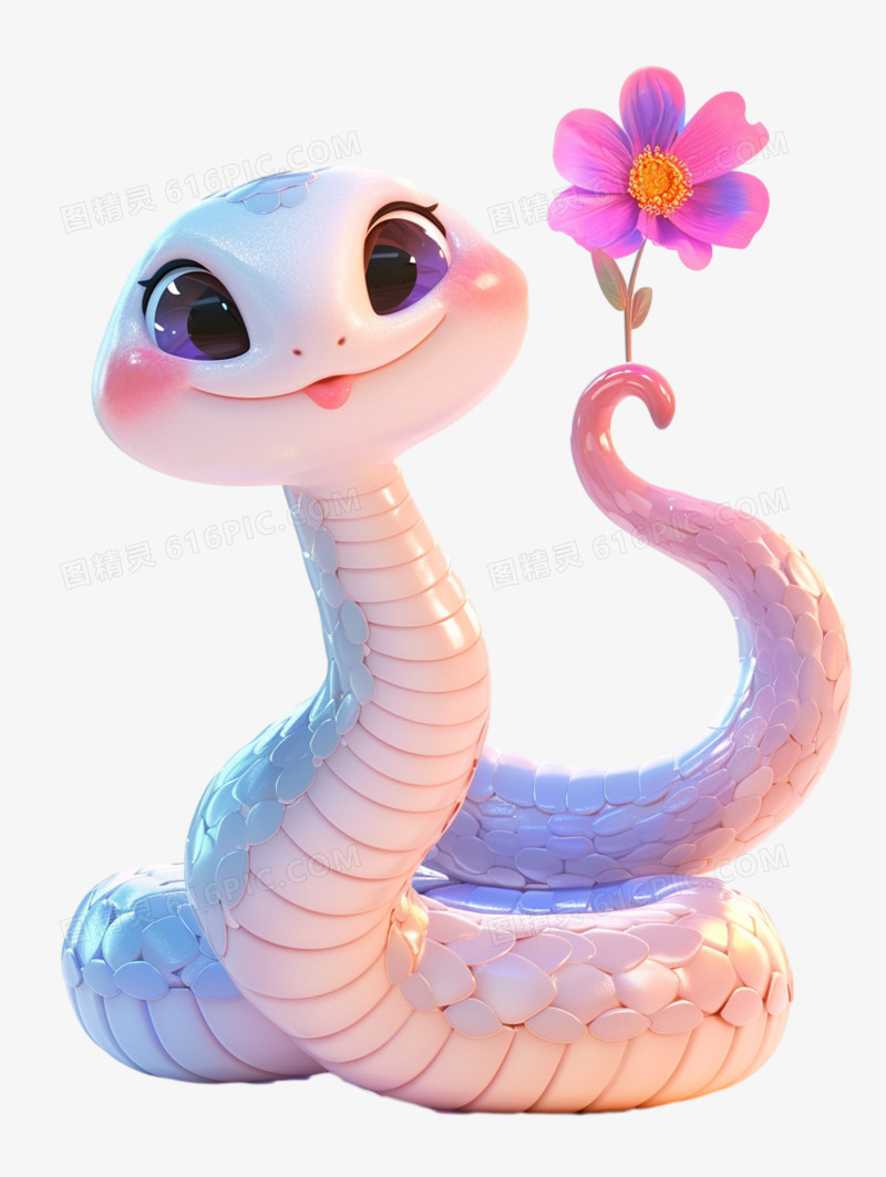 蛇年拿着小花的可爱蛇卡通形象3D免抠元素