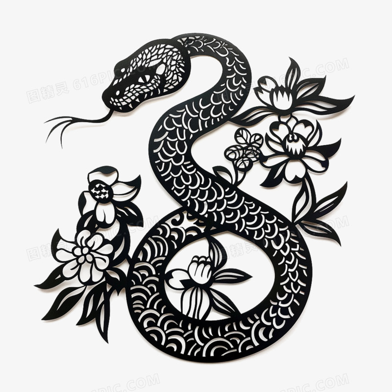 蛇年春节喜庆黑色剪纸新年窗花元素
