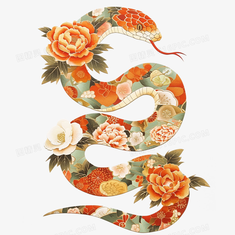 蛇年国潮风牡丹花创意蛇卡通元素