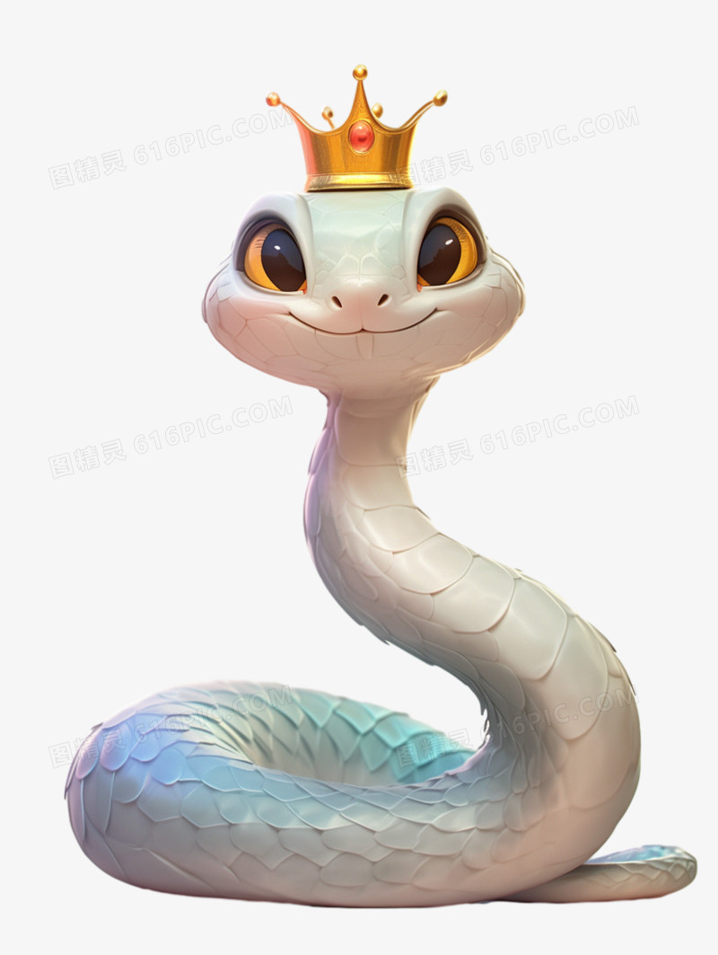 蛇年戴皇冠的可爱蛇卡通形象3D免抠元素