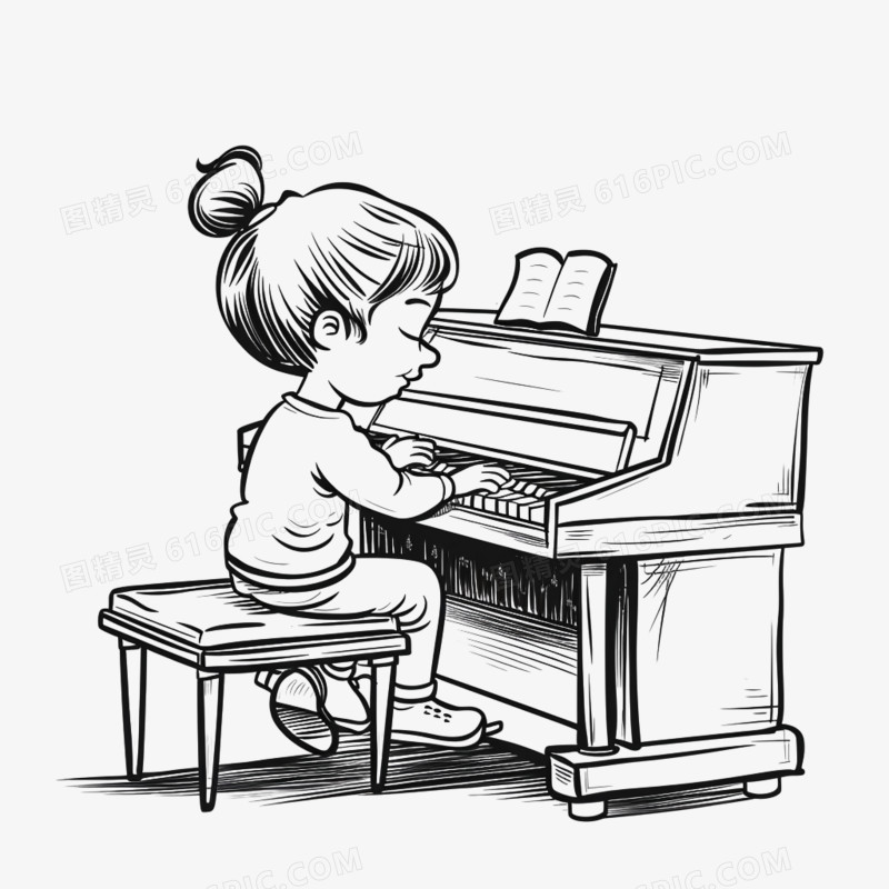 线稿儿童弹钢琴素材