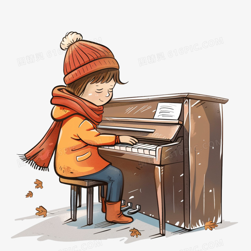 插画儿童弹钢琴素材
