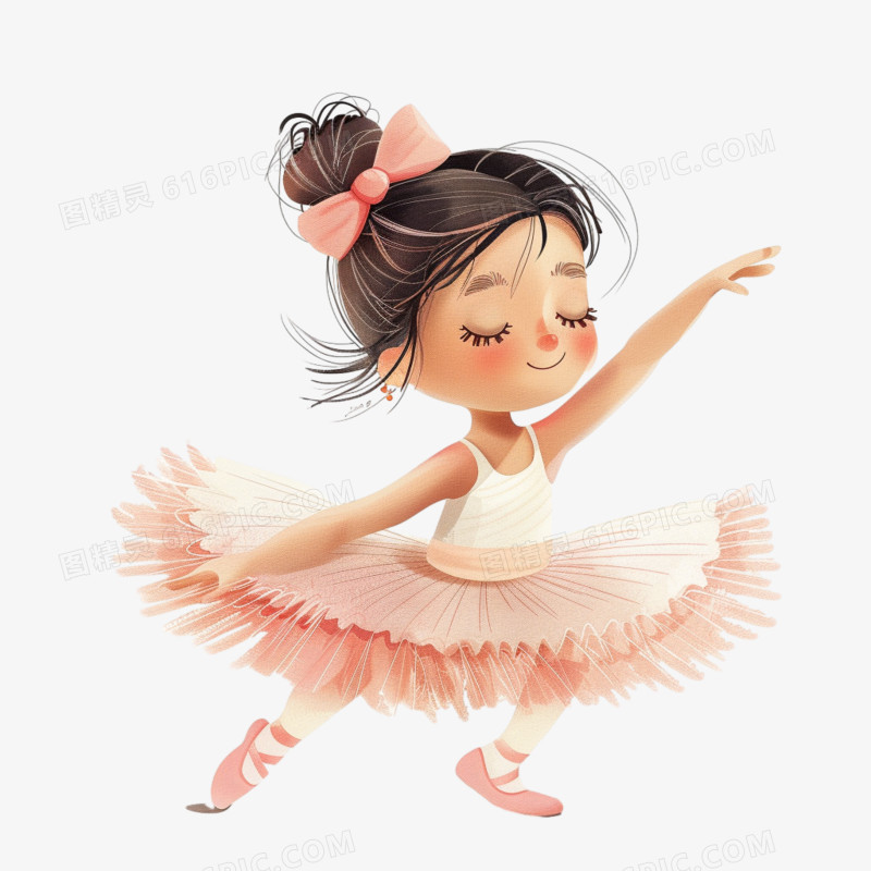 可爱女孩穿着粉色裙子认真练习跳芭蕾舞