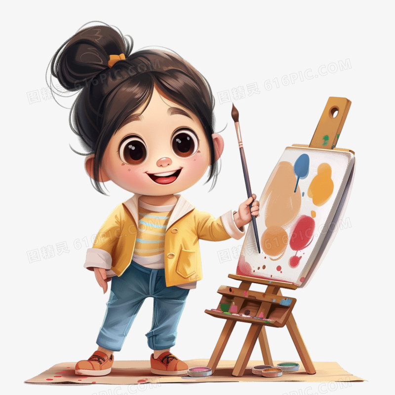 可爱卡通女孩在画板上画画
