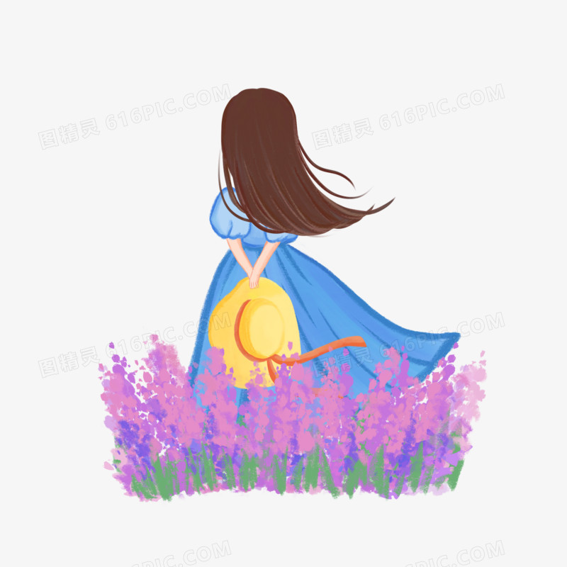 水彩蜡笔风格女孩站在薰衣草花丛中背影素材