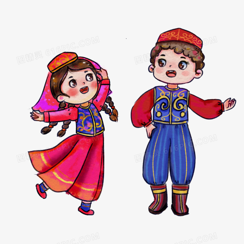 手绘卡通新疆男女跳舞元素