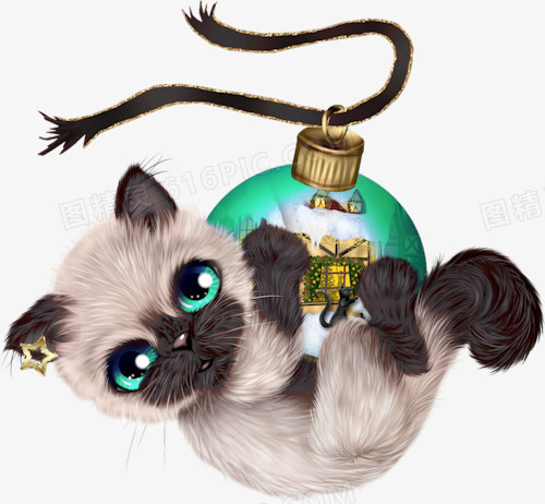 手绘圣诞彩球小猫
