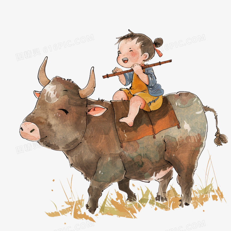 儿童水彩风在牛背上吹笛子的牧童免抠元素