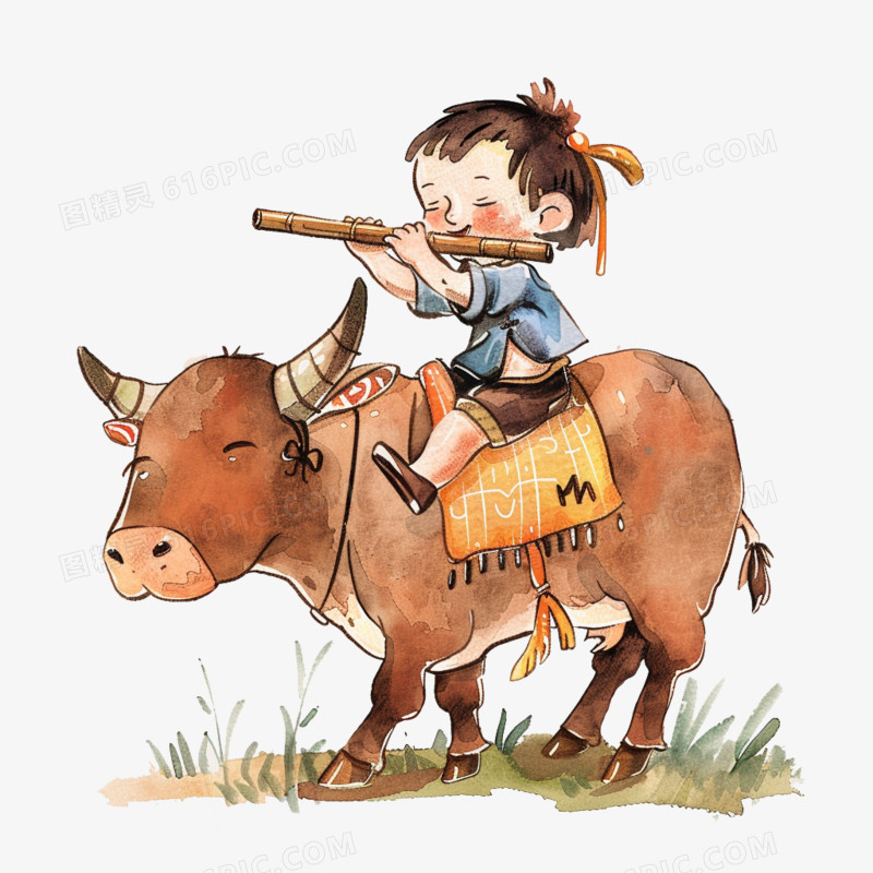 儿童水彩风在牛背上吹笛子的牧童免抠元素