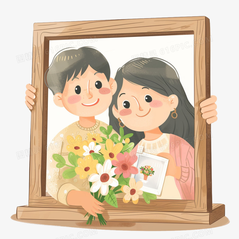母亲节儿子和妈妈开心的照片相框免抠元素
