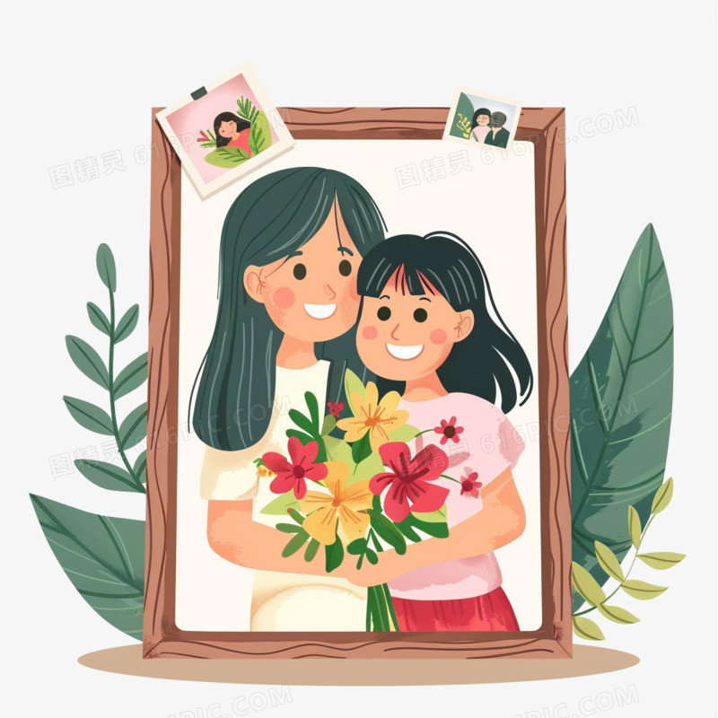 母亲节女儿和妈妈开心的照片相框免抠元素