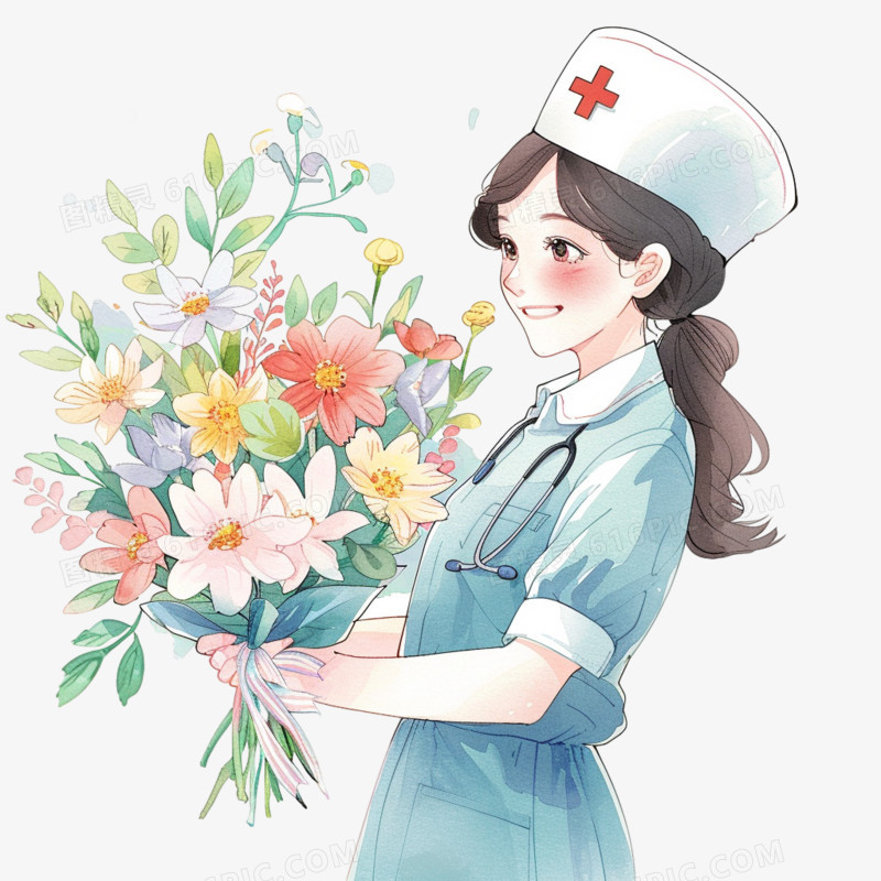 插画护士节护士手捧鲜花免抠素材
