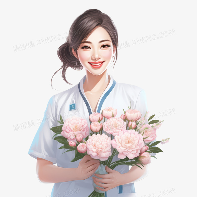 插画护士节护士手捧鲜花免抠素材