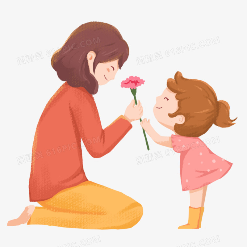 卡通妈妈给女儿送花免抠素材