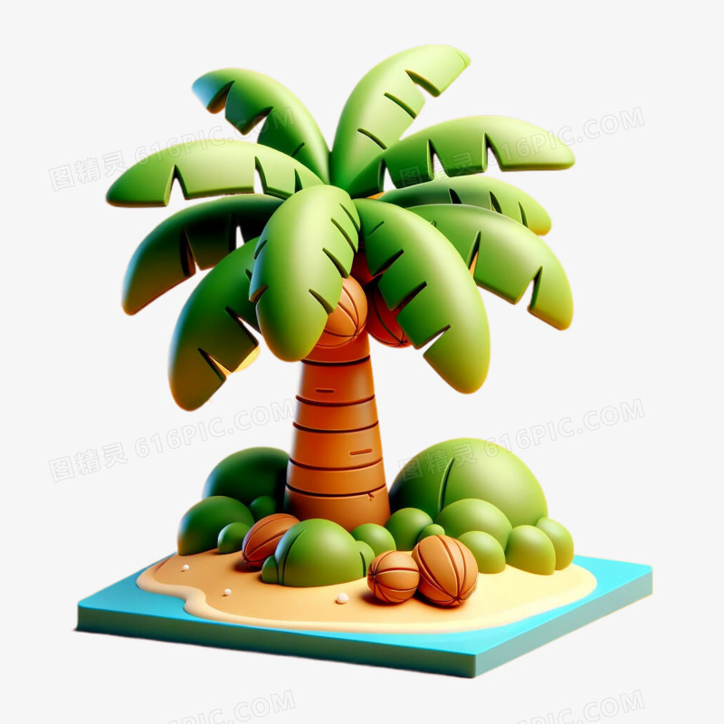 3D卡通夏日沙滩椰子树插画
