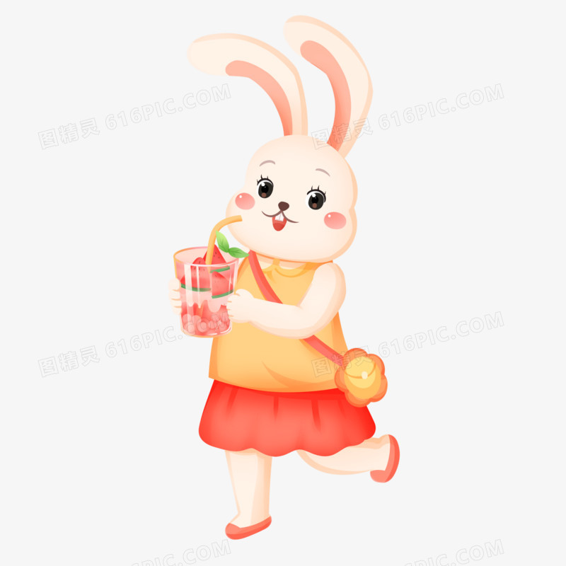 手绘插画拟人兔子喝饮料免抠素材