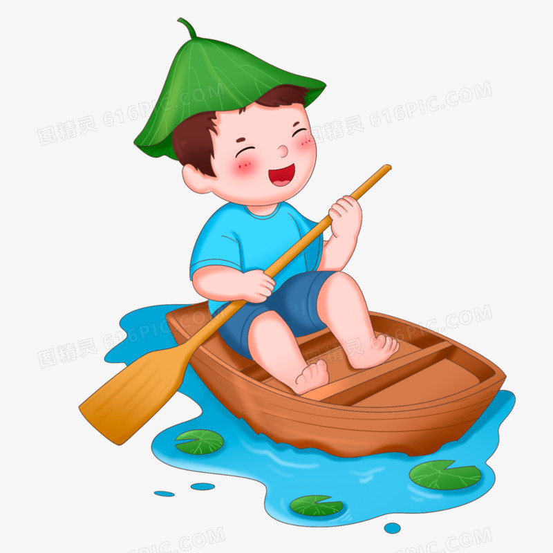 卡通手绘男孩戴着荷叶划船免抠元素