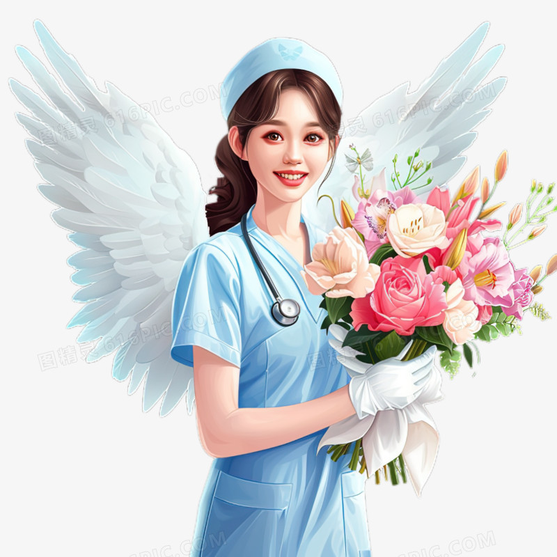 白衣天使护士抱着一束鲜花开心的笑卡通元素