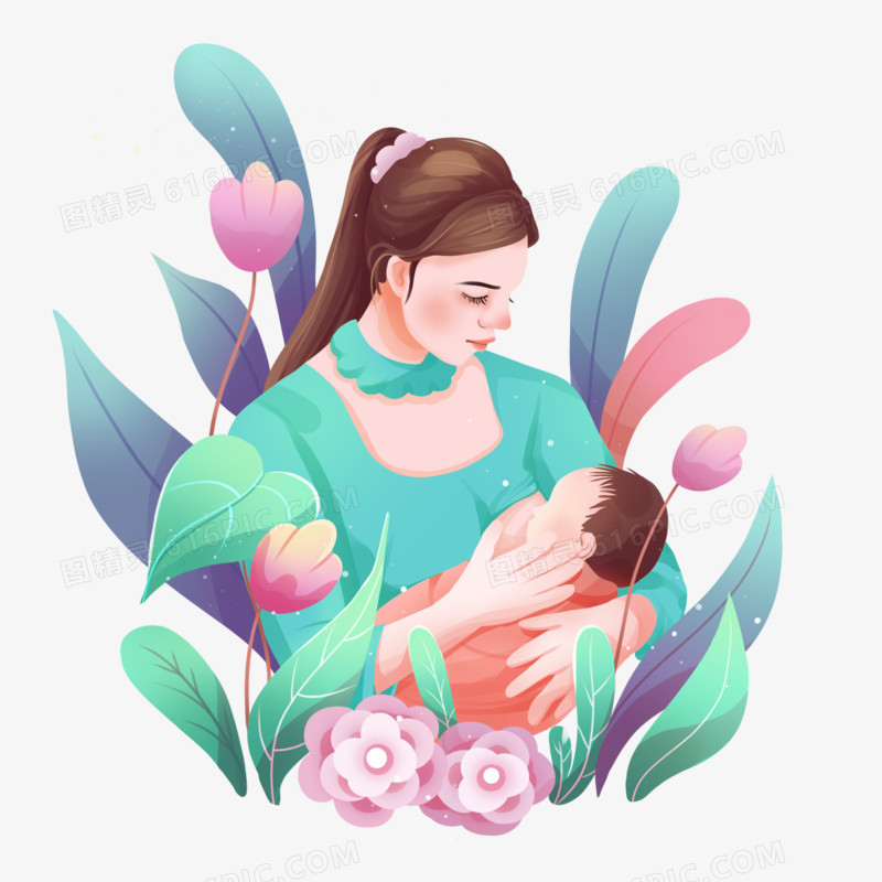 手绘母亲哺喂婴儿鲜花组合免抠元素