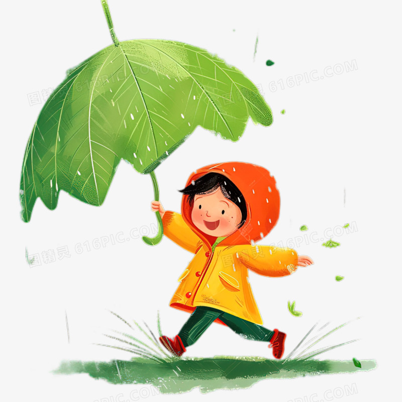卡通男孩撑着一把绿色雨伞奔跑免抠元素