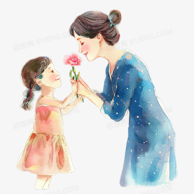 水彩手绘母亲节女孩给妈妈送花卡通元素