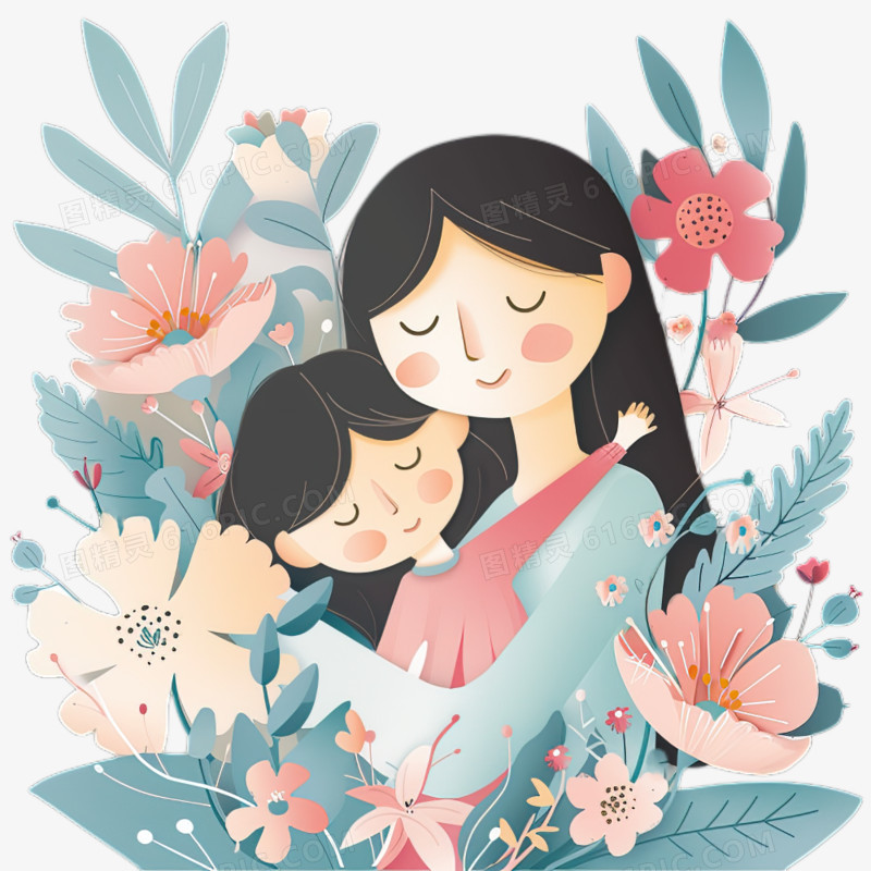 母亲节插画风妈妈拥抱孩子剪纸卡通元素