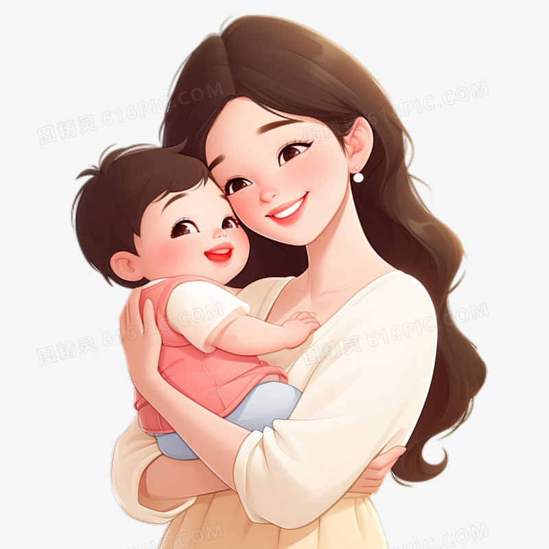 母亲节妈妈温柔的抱着孩子卡通免抠元素