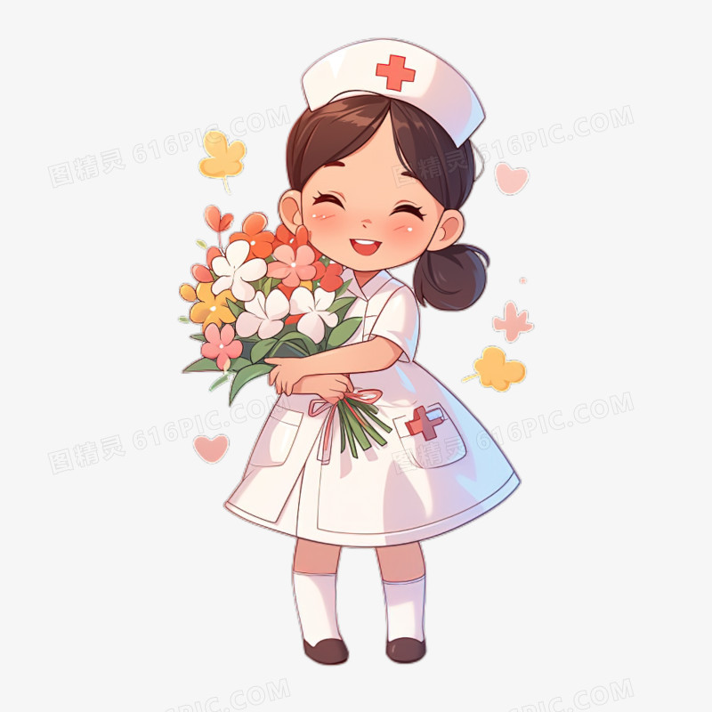 护士节可爱Q版护士开心的抱着鲜花