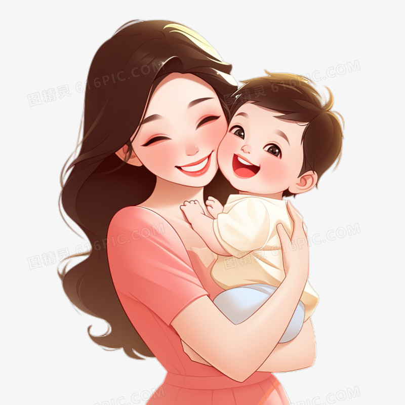 母亲节妈妈温柔的抱着孩子卡通免抠元素