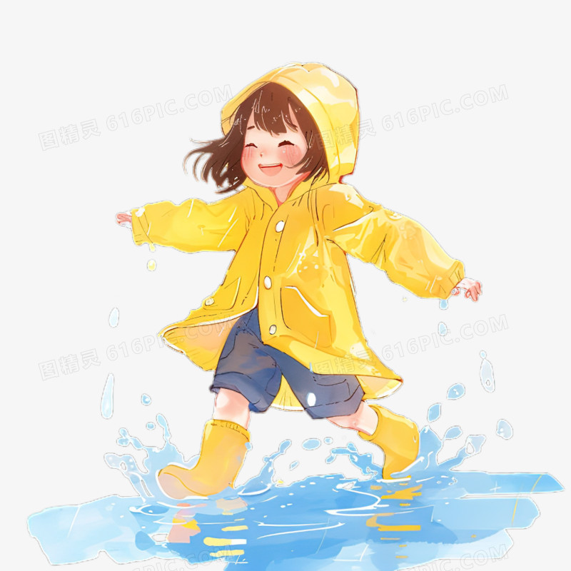 下雨天穿着黄色雨衣开心玩水女孩卡通元素