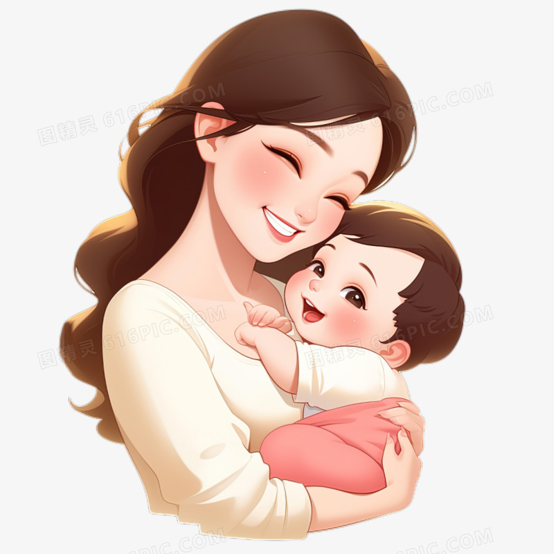 母亲节妈妈温柔的抱着孩子卡通免抠元素