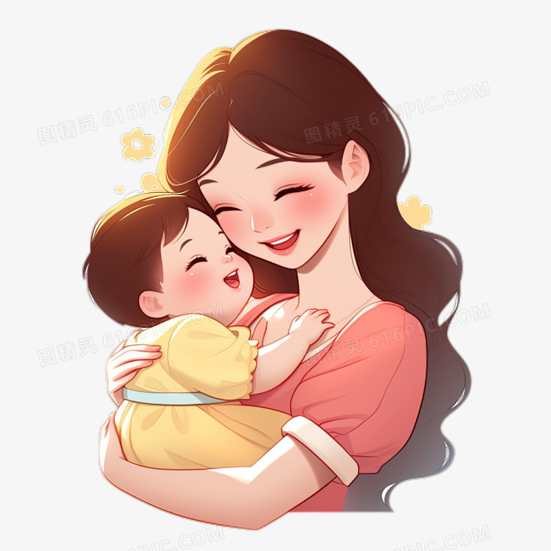 母亲节妈妈温柔的抱着孩子卡通免抠元素