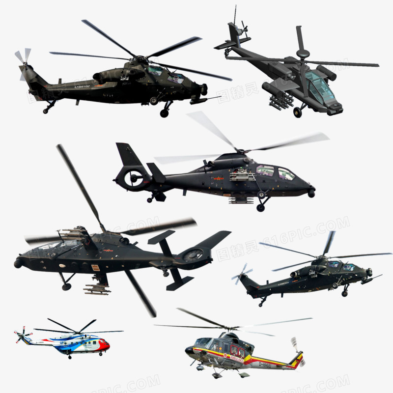 七款不同造型的直升机