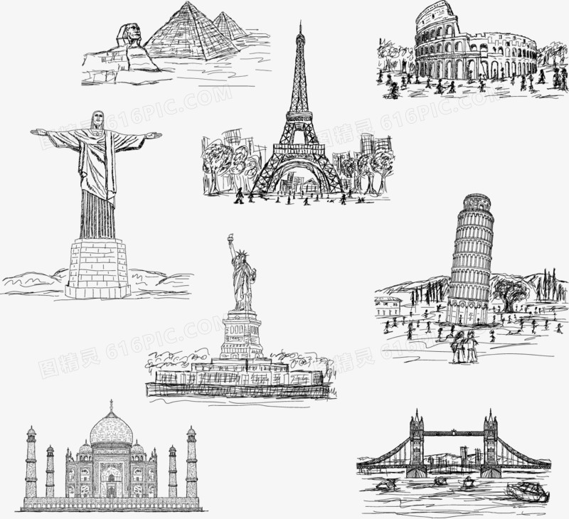 8款手绘世界著名建筑矢量图