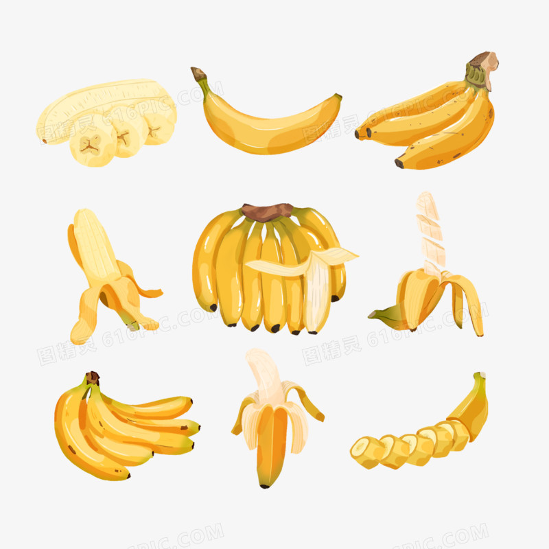 一组手绘香蕉水果套图元素