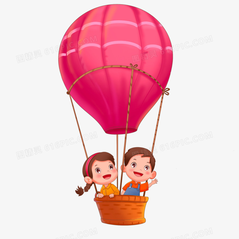 卡通手绘两个可爱的小朋友玩热气球免抠元素